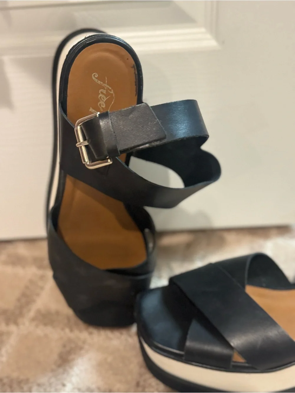 Free People Black Platform Slide Sandals with Buckle
